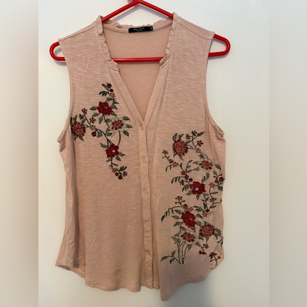Max Jeans Floral Embroidered Sleeveless Blouse - Peach